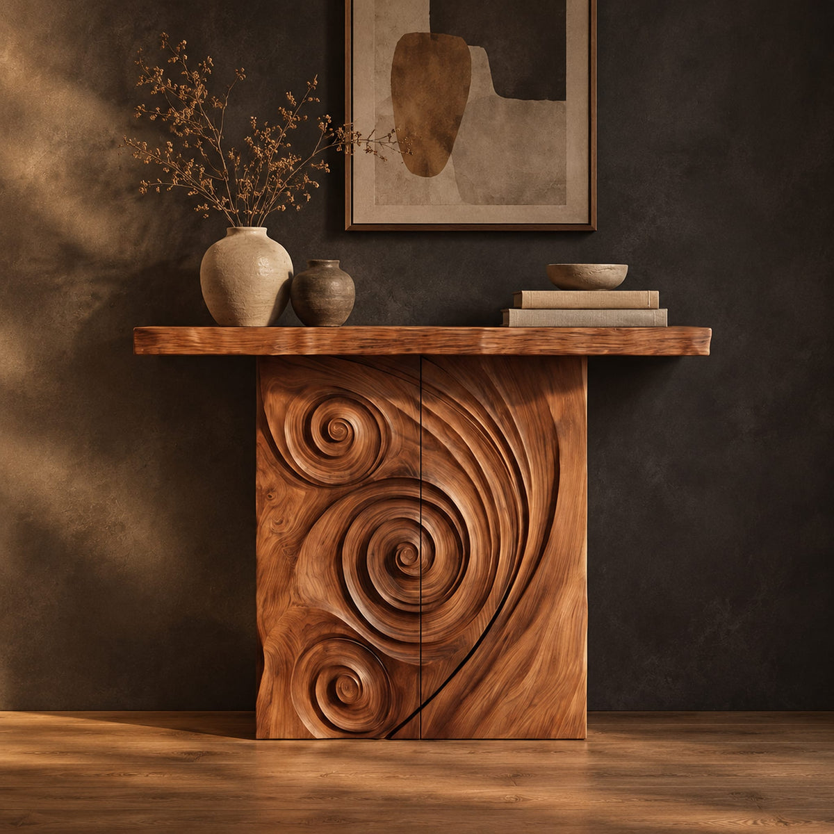 Console table with a spiral carved front and a slab top in a dark studio against a charcoal plaster wall