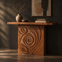Console table with a spiral carved front and a slab top, three-quarter view showing the grain