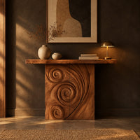 Console table with a spiral carved front and a slab top in a dark entryway at golden hour
