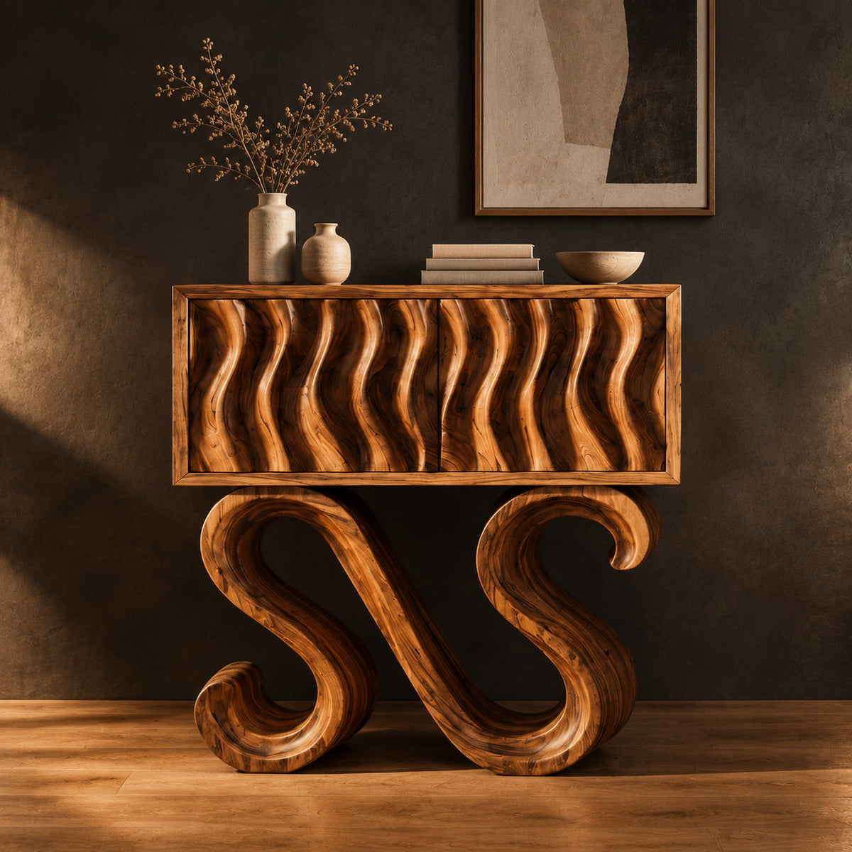 Wavy fluted console table on two large s shaped scroll legs in a dark studio against a charcoal plaster wall