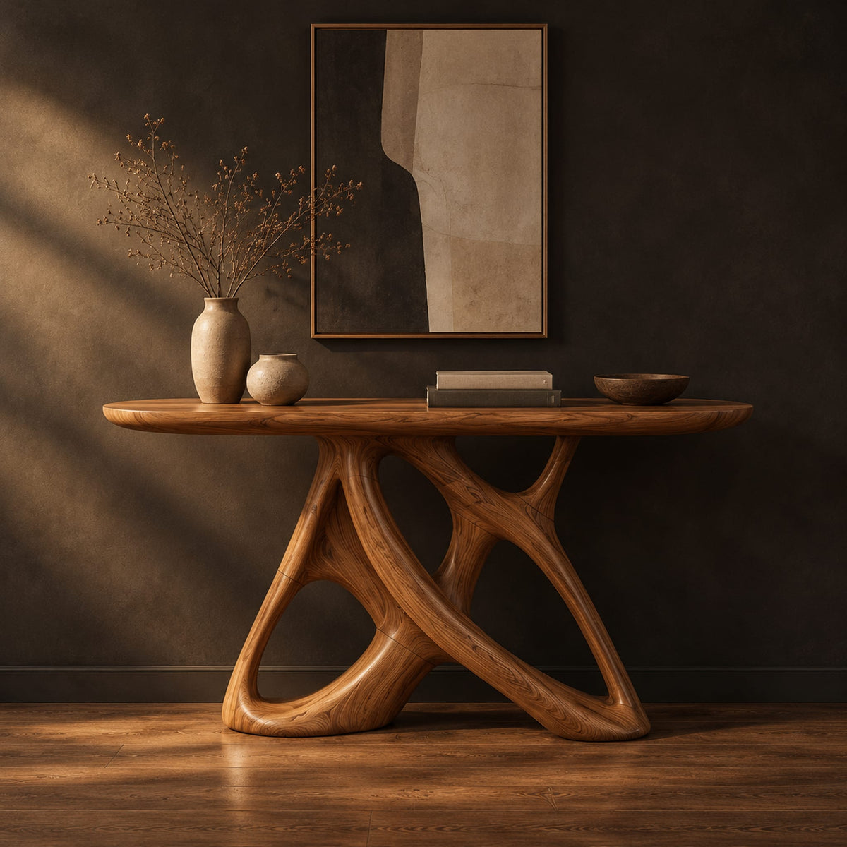 Oval console table on an open base of twisting interlocked loops in a dark studio against a charcoal plaster wall