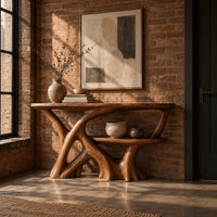 Wooden console table with a branching root base and a small lower shelf in an industrial loft entryway with exposed brick