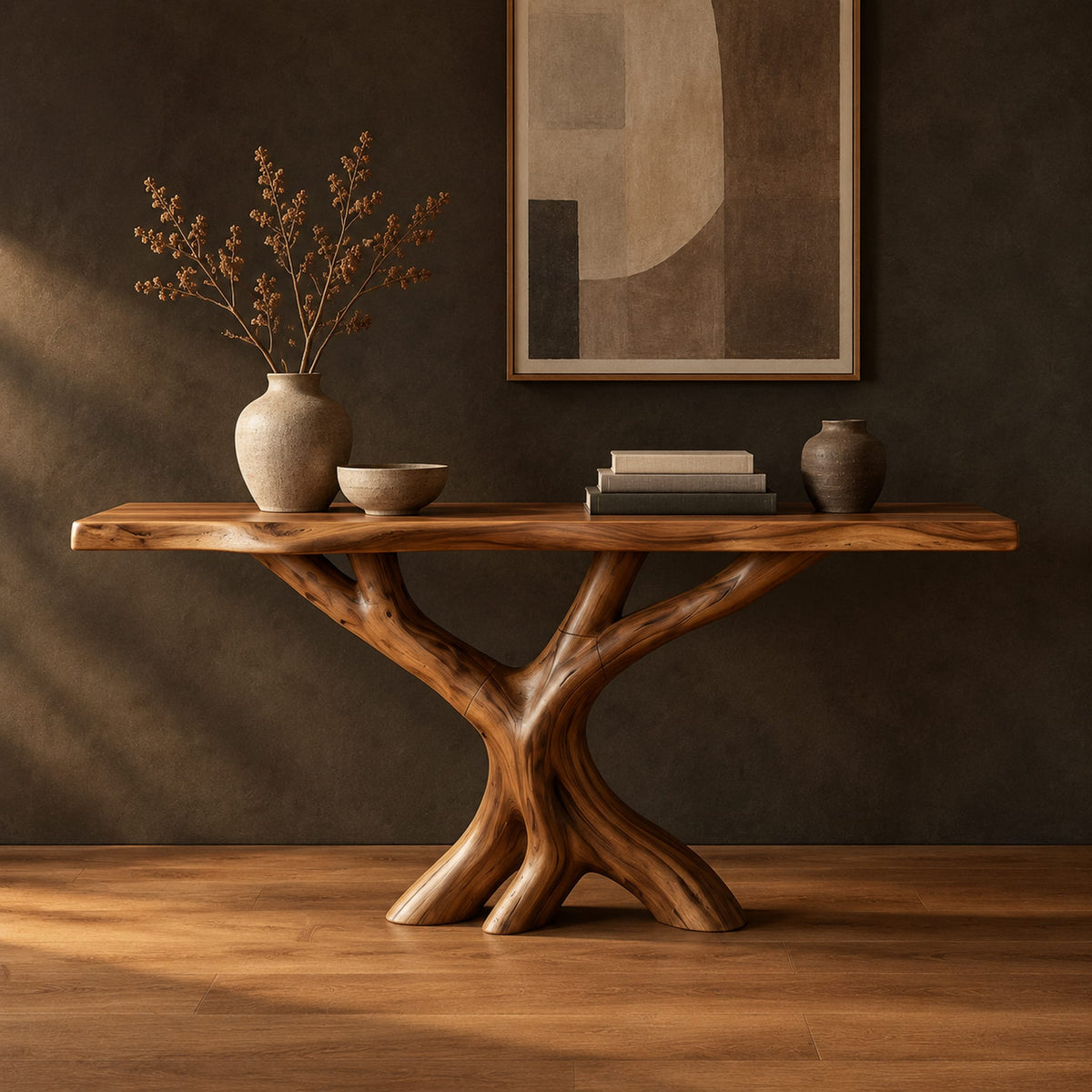 Console table with a thin natural edge top on a branching trunk base in a dark studio against a charcoal plaster wall