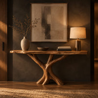 Console table with a thin natural edge top on a branching trunk base in a dark entryway at golden hour