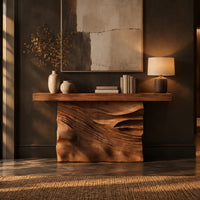 Console table with a solid block base carved in dune ripples in a dark entryway at golden hour