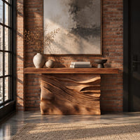 Console table with a solid block base carved in dune ripples in an industrial loft entryway with exposed brick