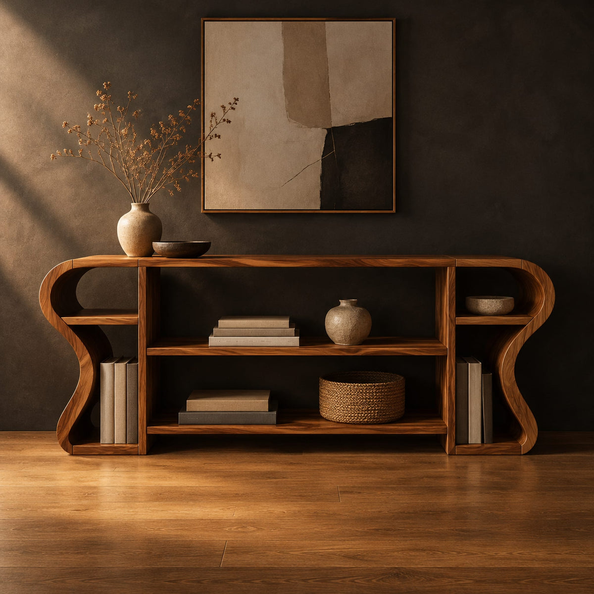 Open shelf console table with wavy curved ends and a divided center bay in a dark studio against a charcoal plaster wall