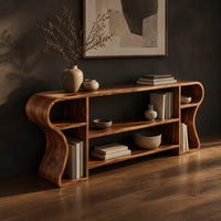Open shelf console table with wavy curved ends and a divided center bay, three-quarter view showing the grain