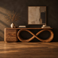 Console table on a figure eight loop base beside a three drawer block in a dark studio against a charcoal plaster wall