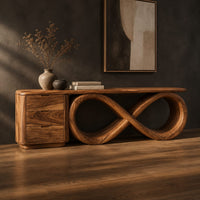 Console table on a figure eight loop base beside a three drawer block, three-quarter view showing the grain