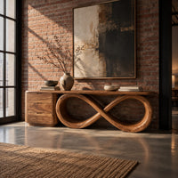 Console table on a figure eight loop base beside a three drawer block in an industrial loft entryway with exposed brick