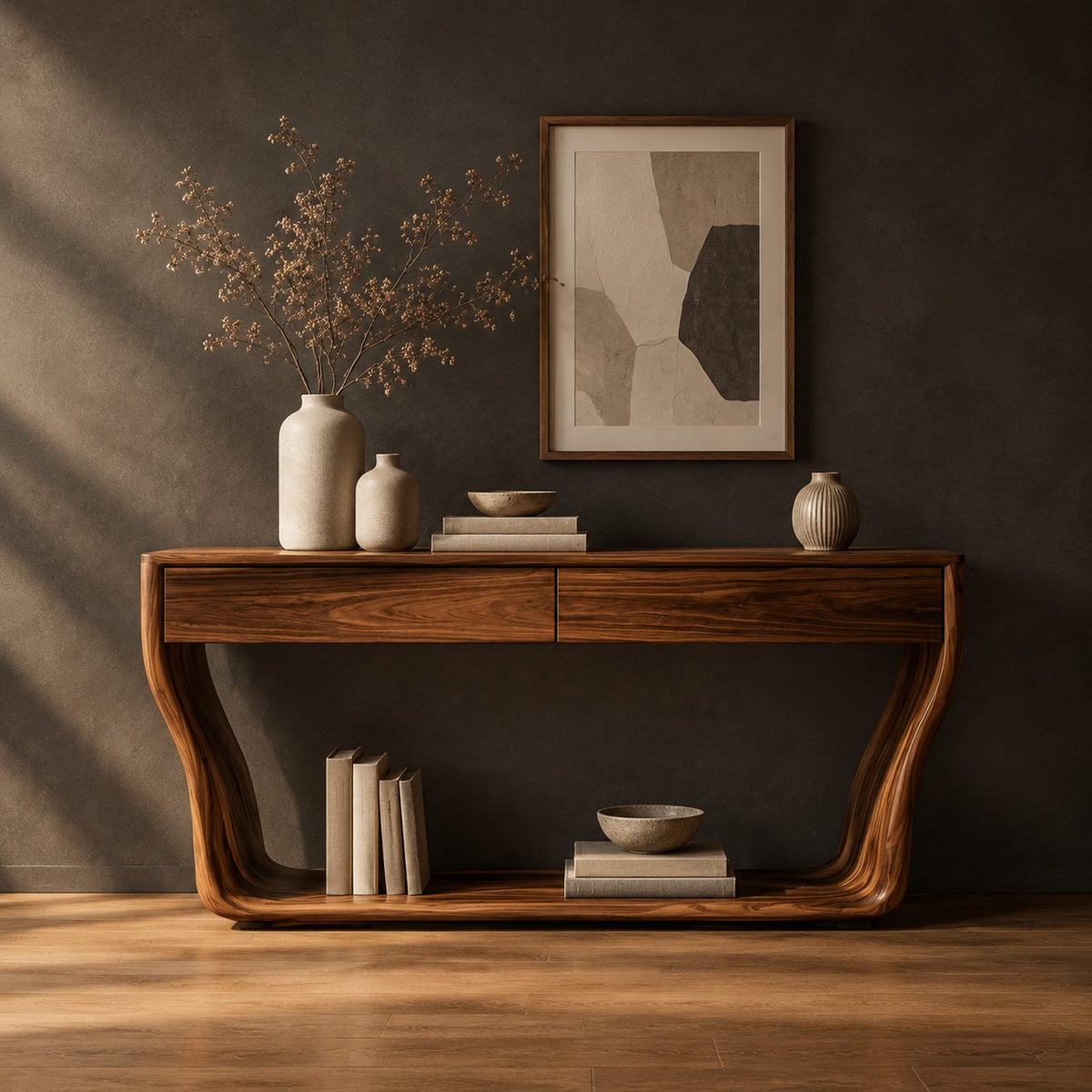 Console table with flared sculpted sides, a low shelf and two drawers in a dark studio against a charcoal plaster wall