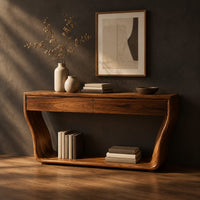Console table with flared sculpted sides, a low shelf and two drawers, three-quarter view showing the grain
