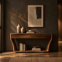 Console table with flared sculpted sides, a low shelf and two drawers in a dark entryway at golden hour