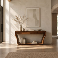 Console table with flared sculpted sides, a low shelf and two drawers in a bright open plan entryway
