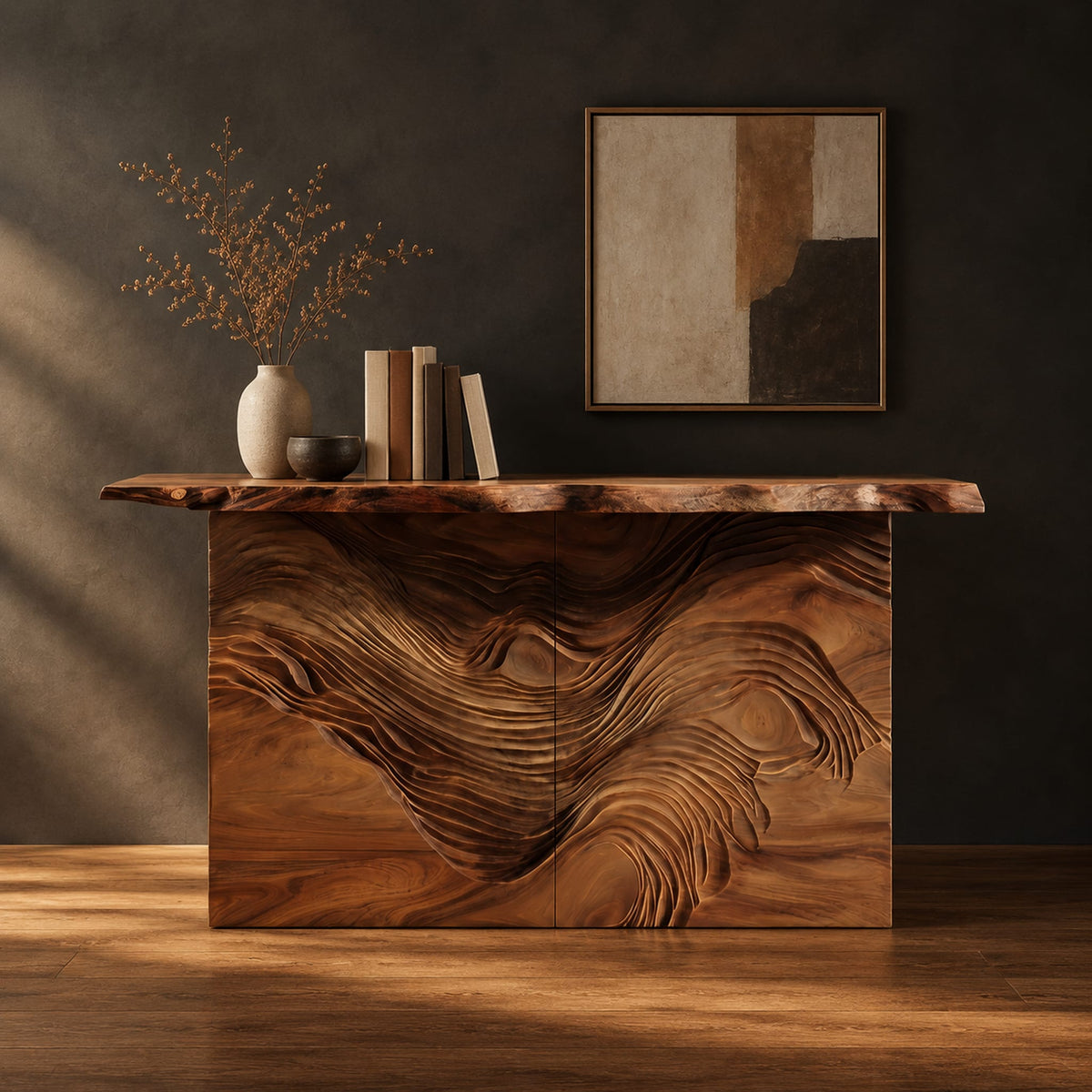 Console table with flowing carved grain front and raw edge top in a dark studio against a charcoal plaster wall