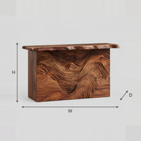 Console Table With Flowing Grain Relief Front And Raw Edge Top dimension diagram with width, height and depth