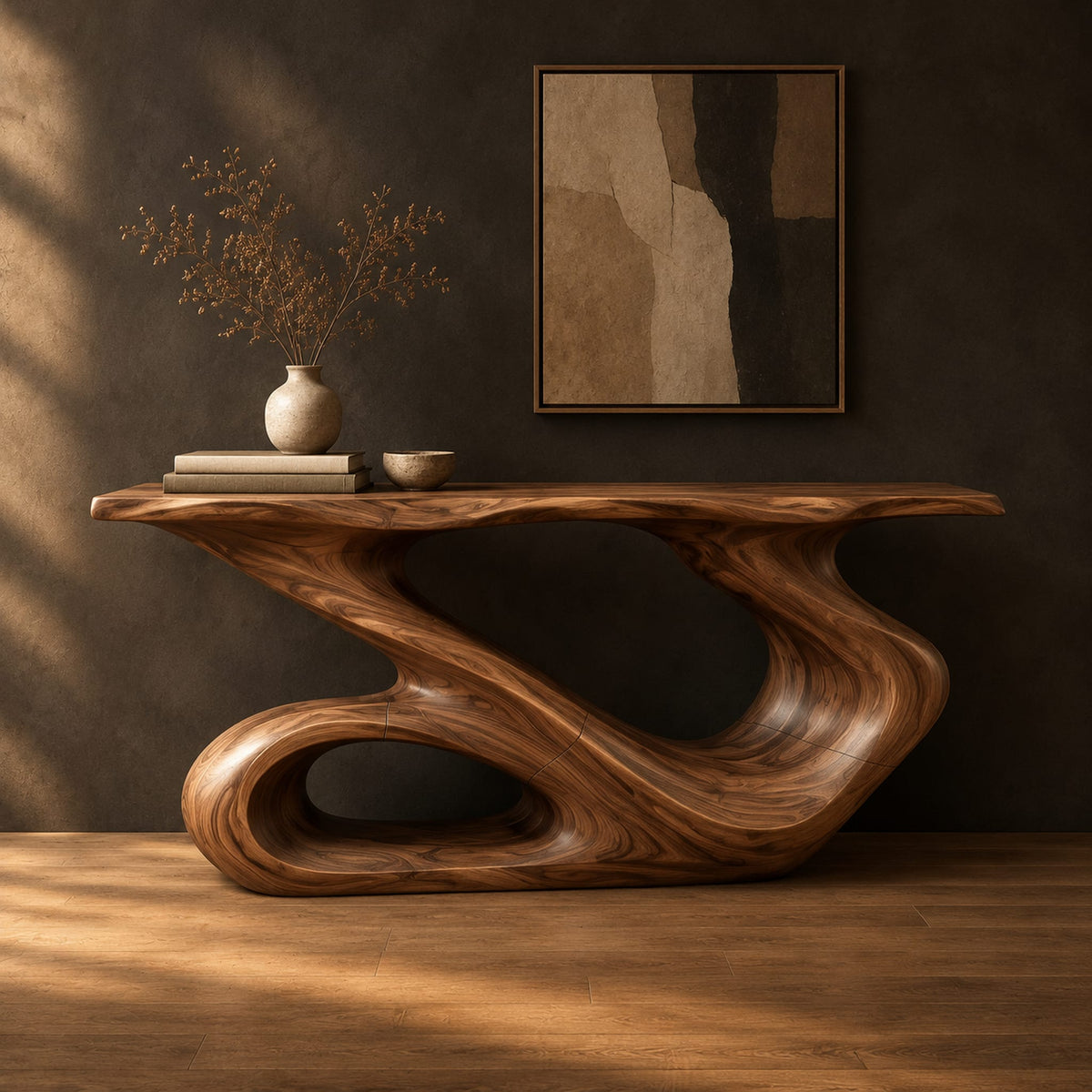 Narrow console table with a flowing s shaped base and an open loop foot in a dark studio against a charcoal plaster wall
