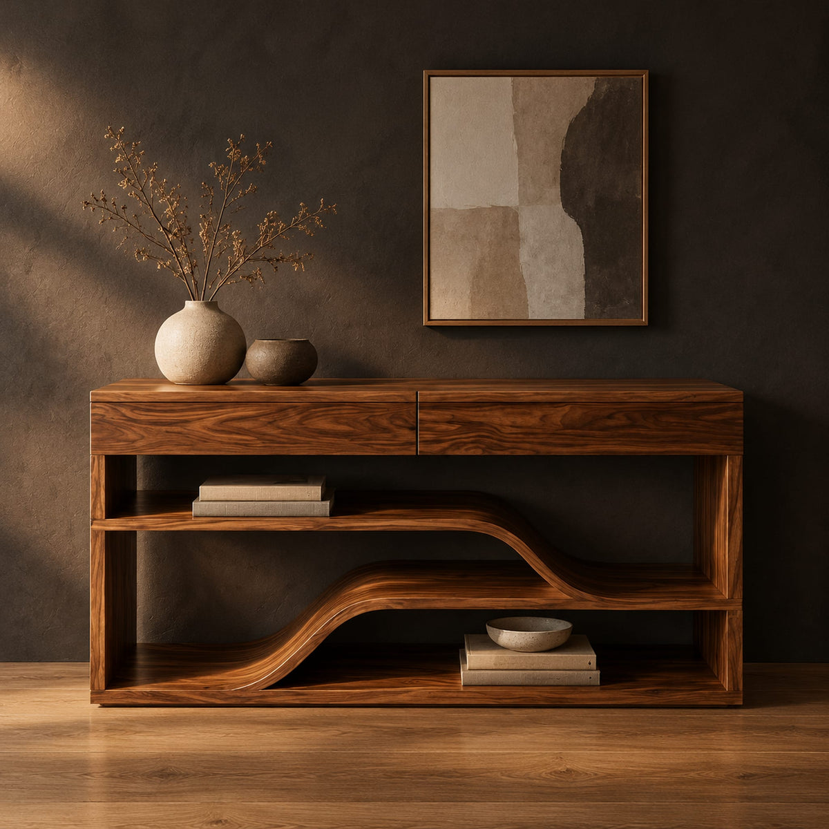 Console table with a flowing wave shelf inside an open wood frame in a dark studio against a charcoal plaster wall