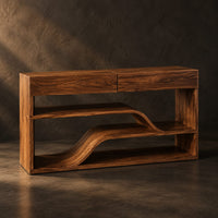 Console table with a flowing wave shelf inside an open wood frame, three-quarter view showing the grain