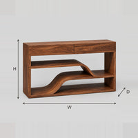 Console Table With Flowing Wave Shelf And Open Wood Frame dimension diagram with width, height and depth