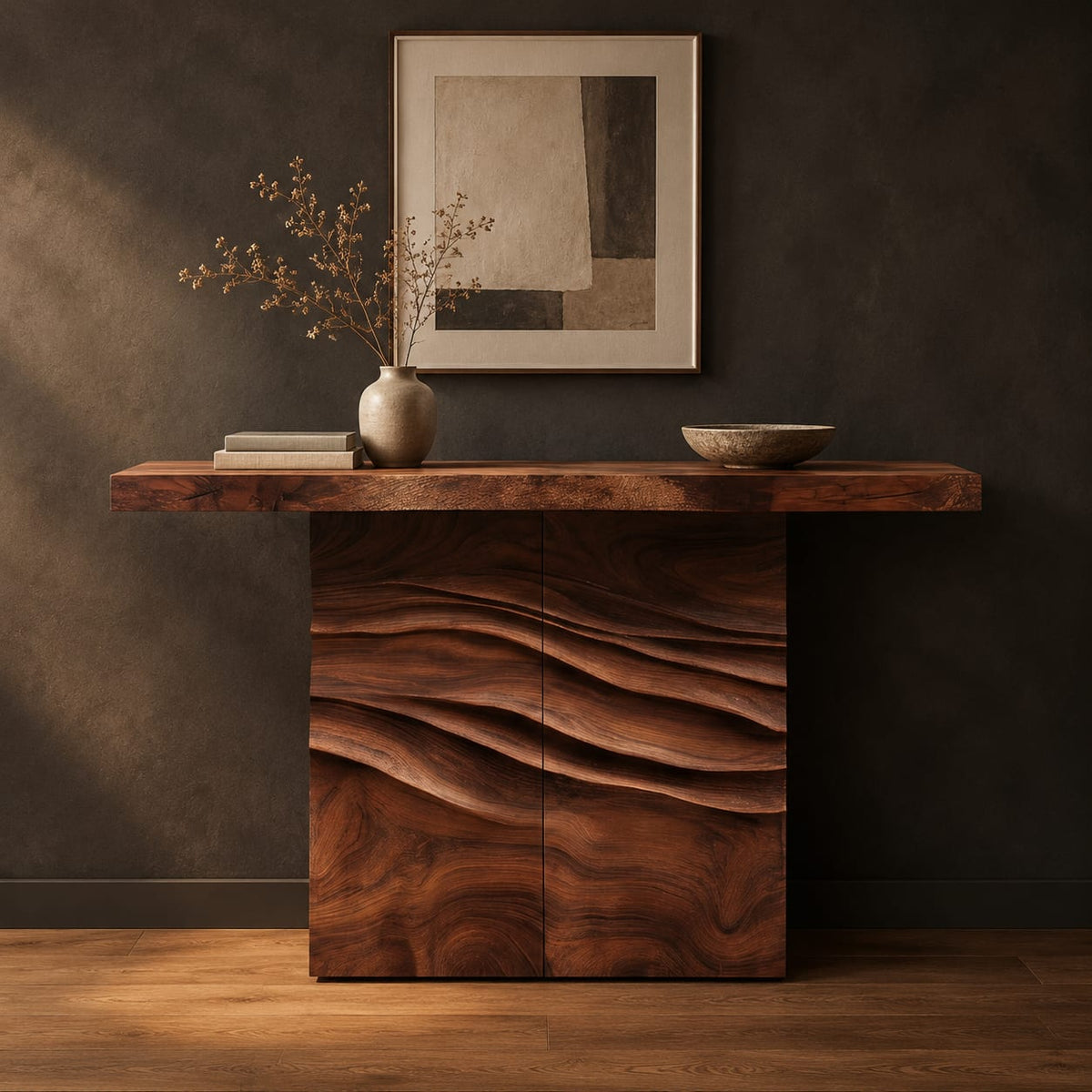 Console table with a thick top on a wave carved block base in a dark studio against a charcoal plaster wall