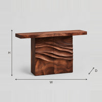 Console Table with Layered Wave Carved Pedestal dimension diagram with width, height and depth