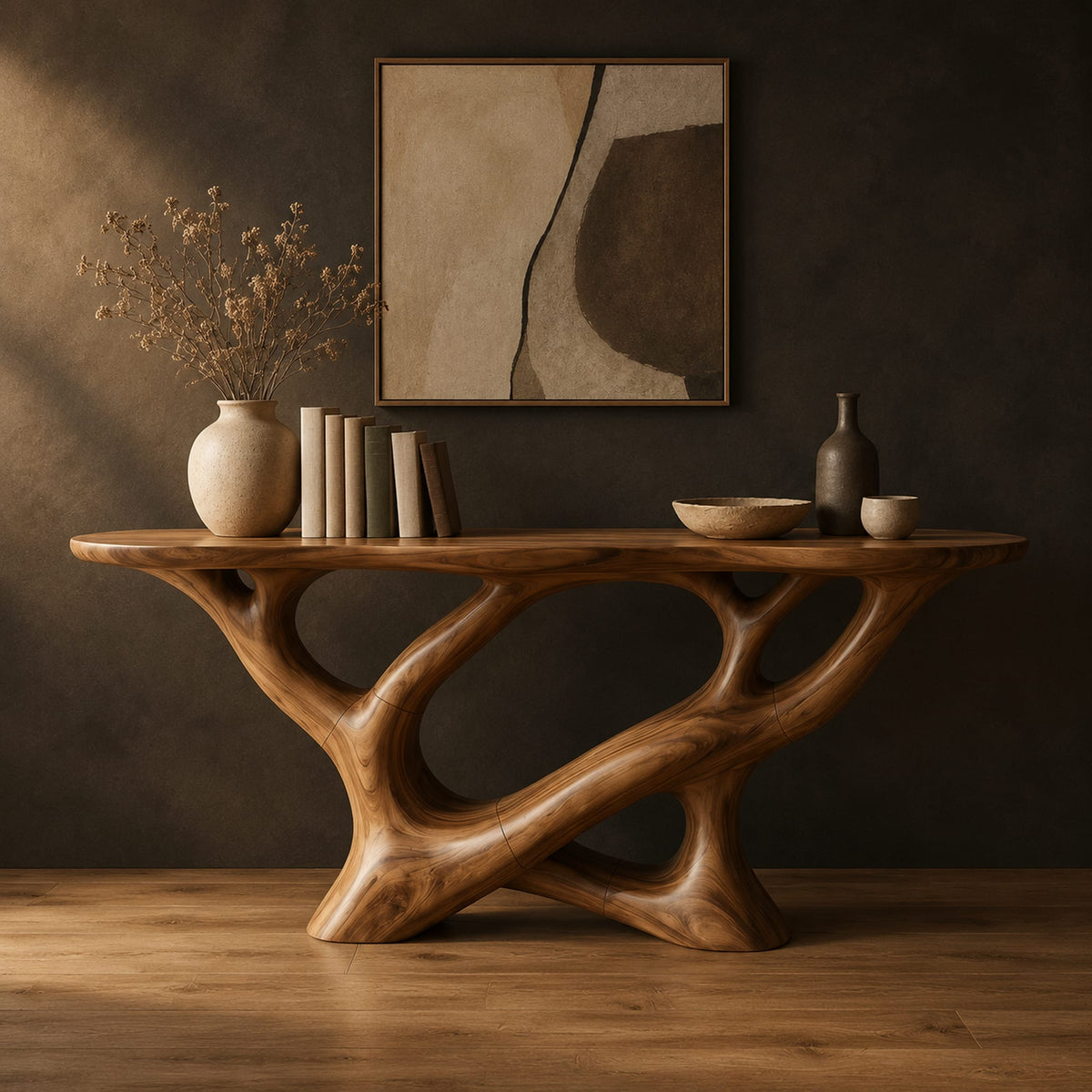 Oval top console table on a sculpted base of looping open limbs in a dark studio against a charcoal plaster wall