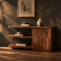 Console table with open shelves and a two door cabinet, three-quarter view showing the grain