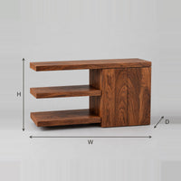 Console Table with Open Shelves and a Two Door Cabinet End dimension diagram with width, height and depth
