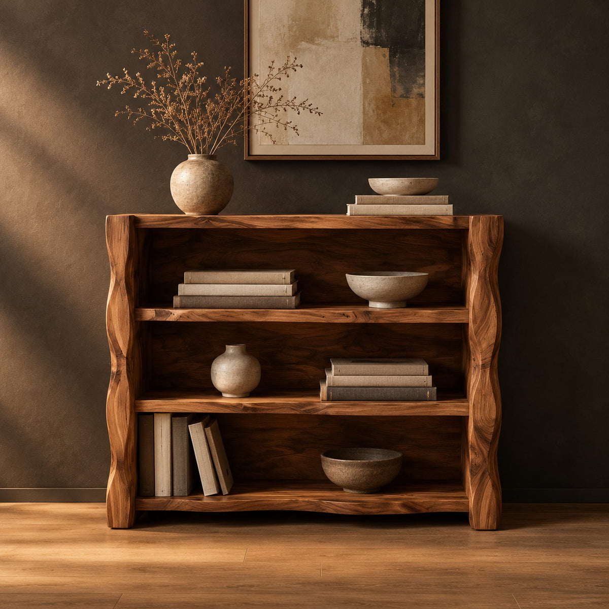 Open shelf console table with thick wavy edged side panels in a dark studio against a charcoal plaster wall