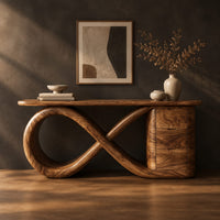 Console table with an infinity loop base and a stacked block at one end in a dark studio against a charcoal plaster wall