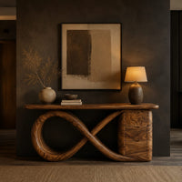 Console table with an infinity loop base and a stacked block at one end in a dark entryway at golden hour