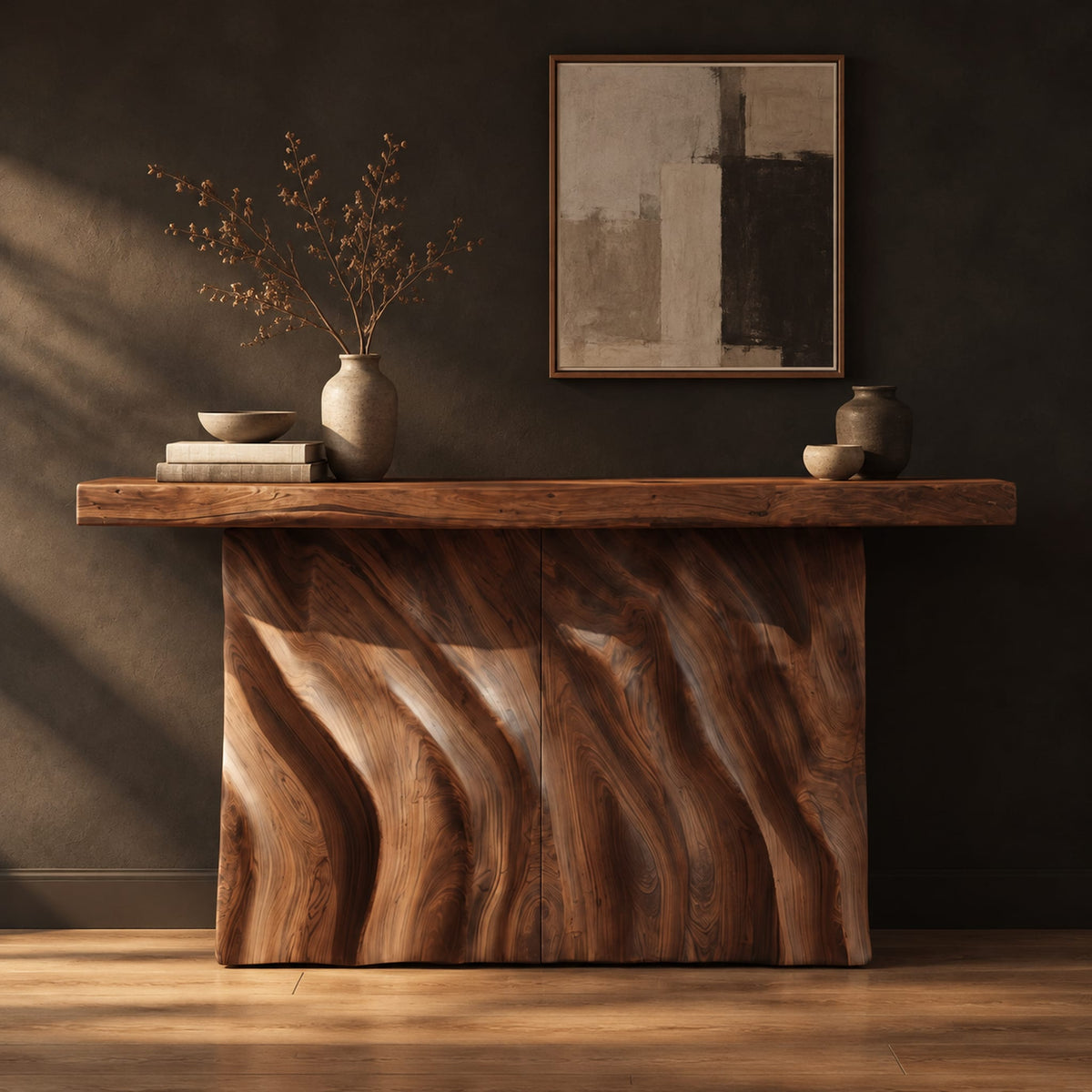 Console table with a thick slab top and a deeply carved two panel body in a dark studio against a charcoal plaster wall