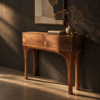 Console table with slim tapered legs and a boxy two panel top, three-quarter view showing the grain