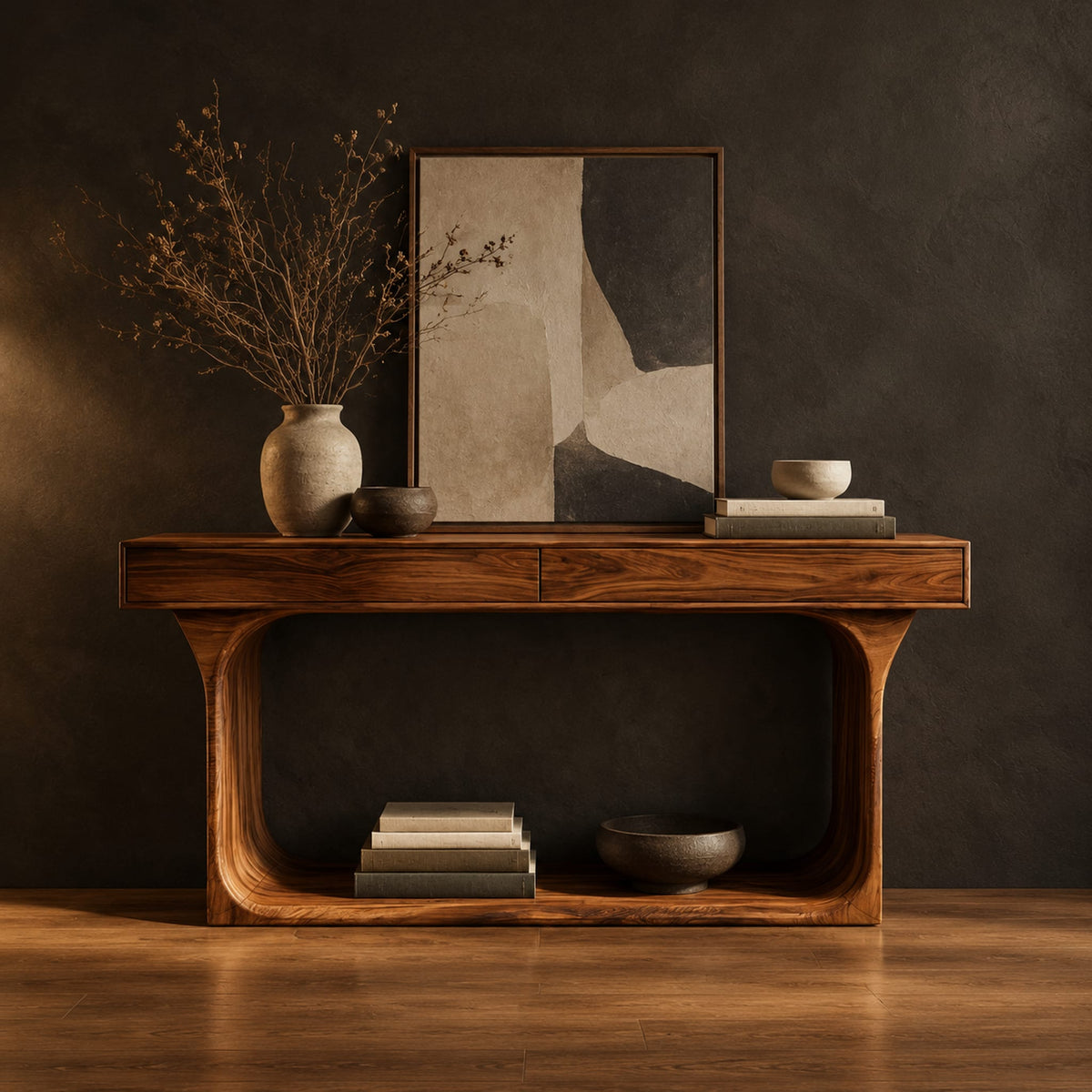Console table with a thick top and an open loop frame base in a dark studio against a charcoal plaster wall