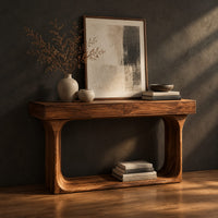 Console table with a thick top and an open loop frame base, three-quarter view showing the grain