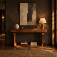 Console table with a thick top and an open loop frame base in a dark entryway at golden hour
