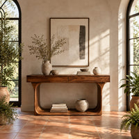 Console table with a thick top and an open loop frame base in a bright entryway with arched windows and plants