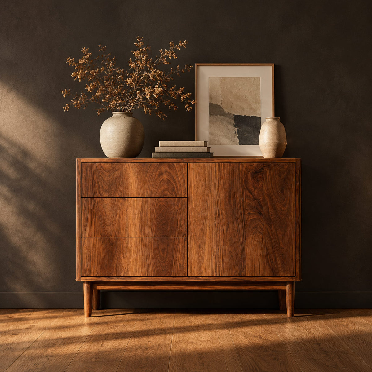 Console table with three drawers and a door on tapered legs in a dark studio against a charcoal plaster wall
