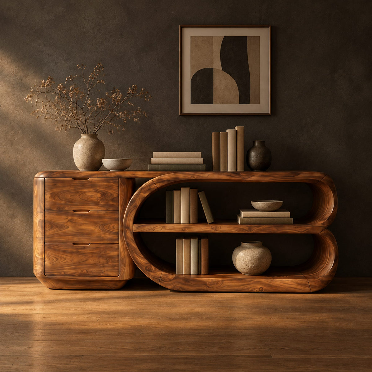 Console table with a three drawer block and a looped open shelf unit in a dark studio against a charcoal plaster wall