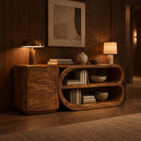 Console table with a three drawer block and a looped open shelf unit in an evening entryway with walnut wall paneling