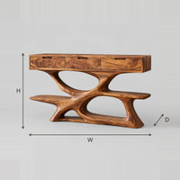 Console Table With Three Drawers Over A Twisting Open Loop Base dimension diagram with width, height and depth