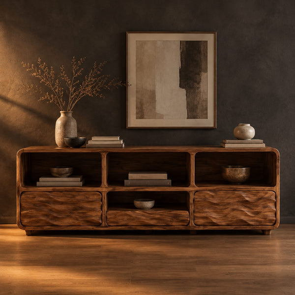 Console Table With Three Open Cubbies And Wave Relief Fronts
