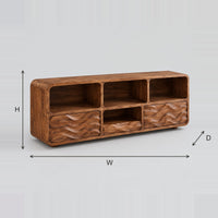 Console Table With Three Open Cubbies And Wave Relief Fronts dimension diagram with width, height and depth