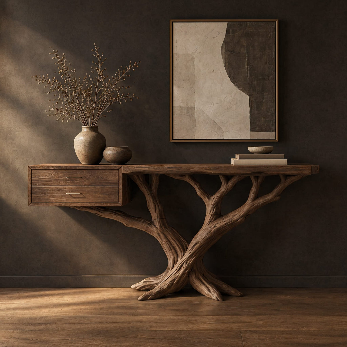Console table with a twisting branch base and a drawer unit at one end in a dark studio against a charcoal plaster wall
