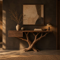 Console table with a twisting branch base and a drawer unit at one end in a dark entryway at golden hour