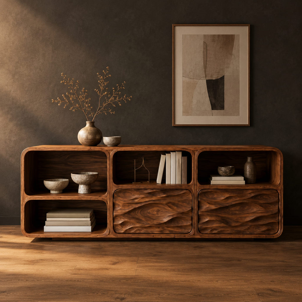Console table with wave carved front panels and open cubbies in a dark studio against a charcoal plaster wall