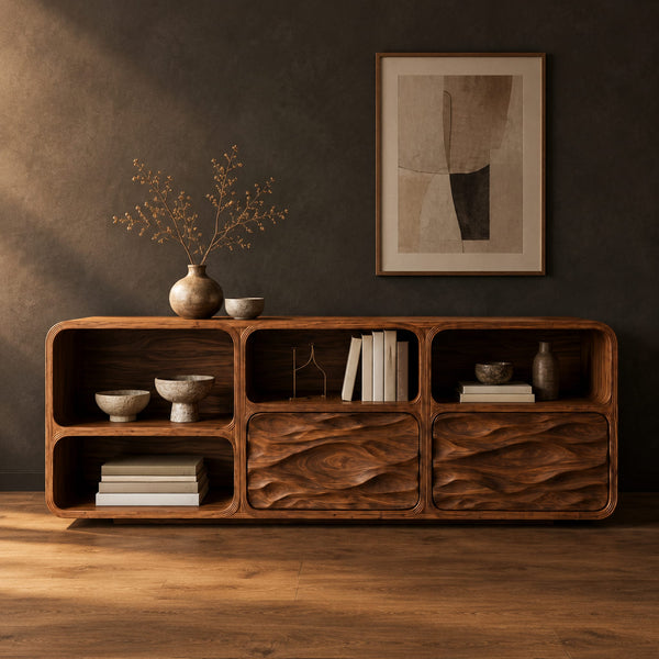 Console Table With Wave Carved Front Panels And Open Cubbies