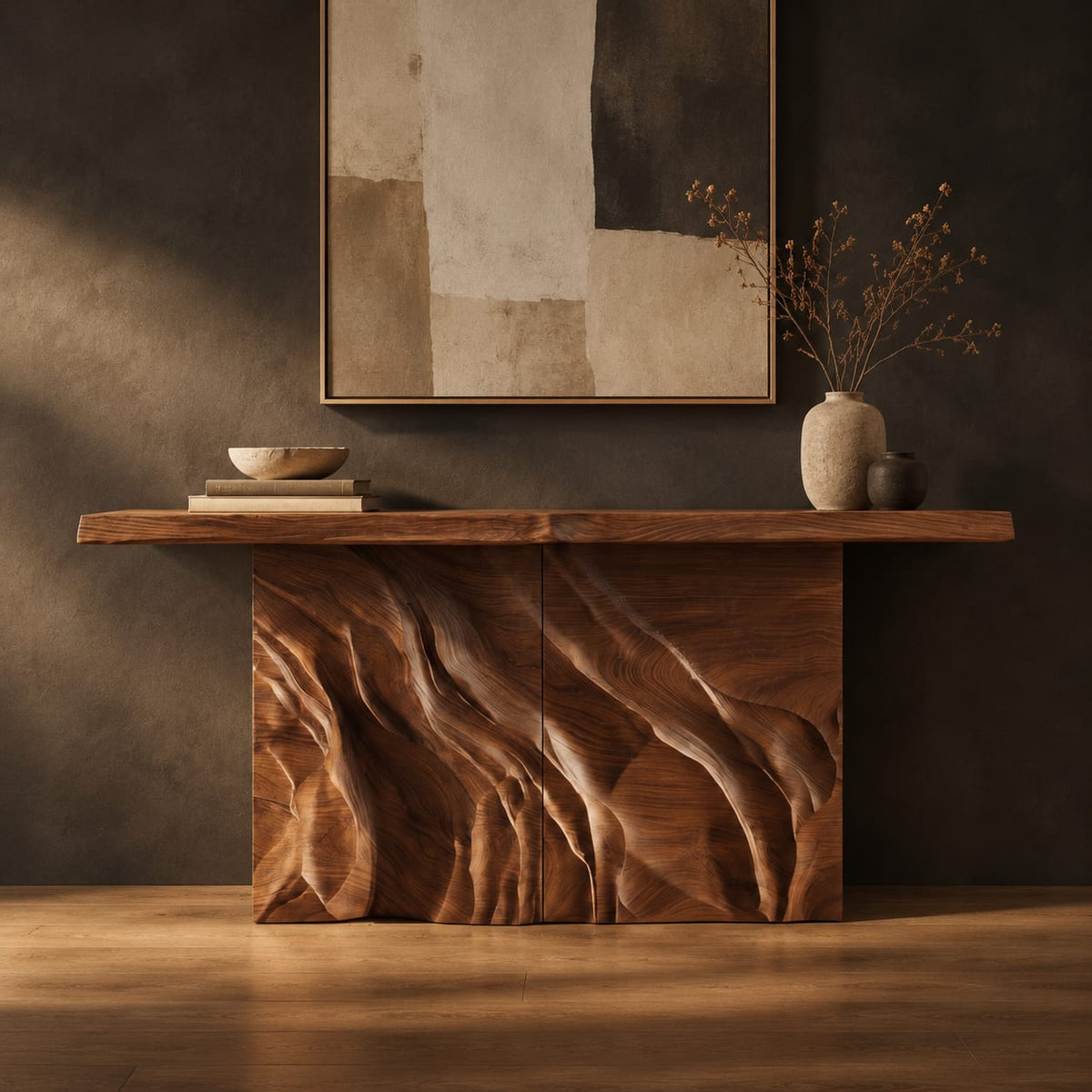 Console table with a slab top on a deeply carved block base in a dark studio against a charcoal plaster wall
